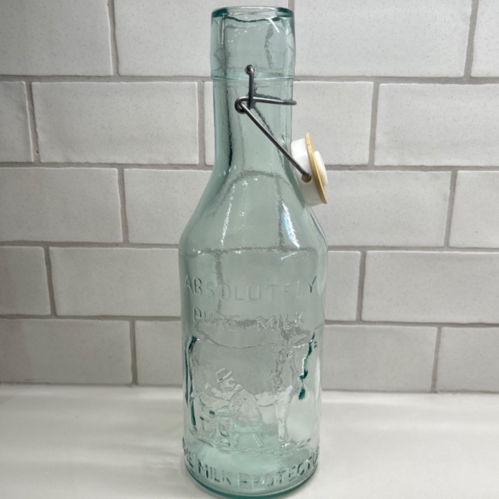 Vintage Embossed Recycled Green Glass Milk Bottle With Stopper